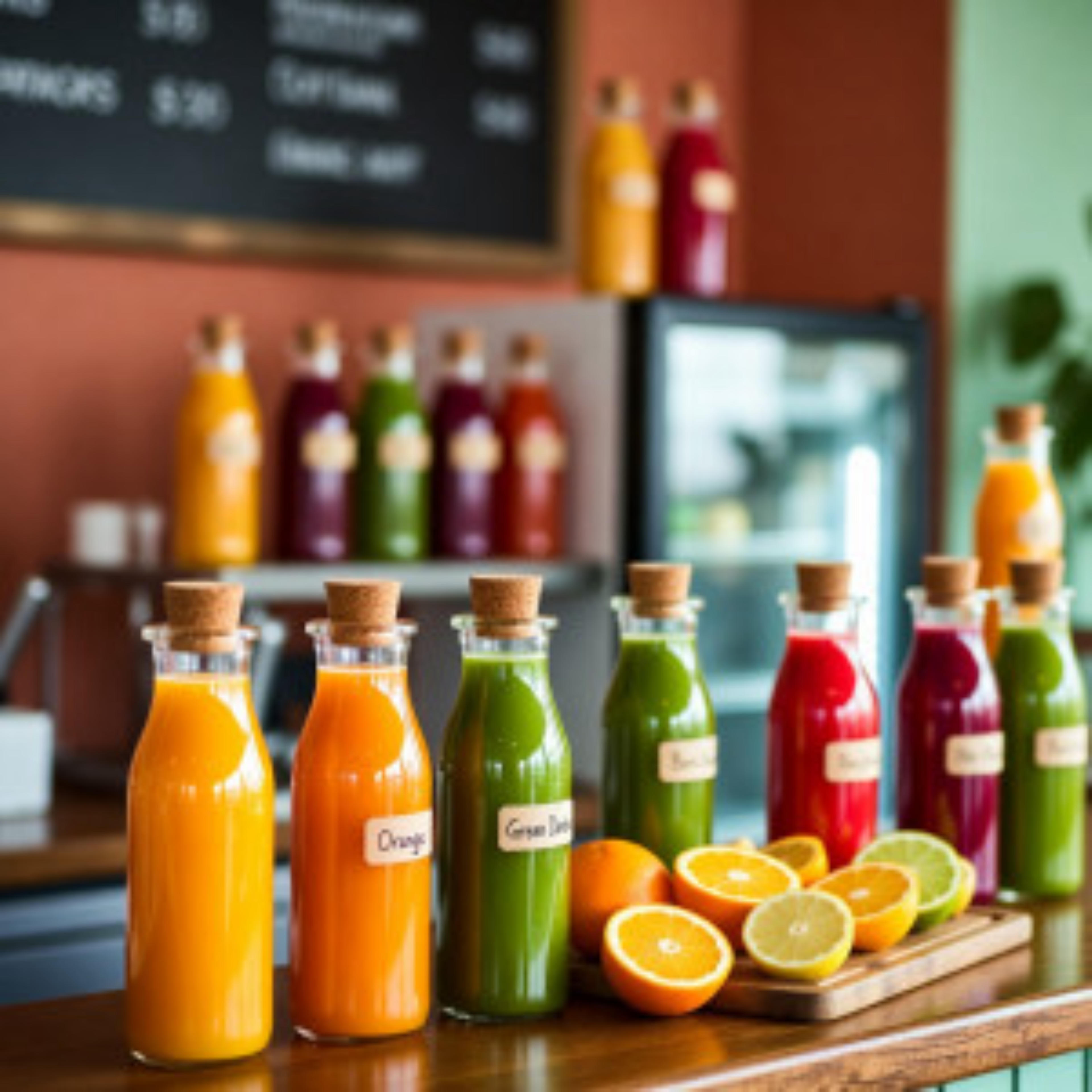undefined juice bar with juice flavors on store counter